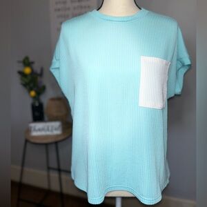 Light Blue Knit Short Sleeve T-Shirt White Pocket Crew Neck Polyester M